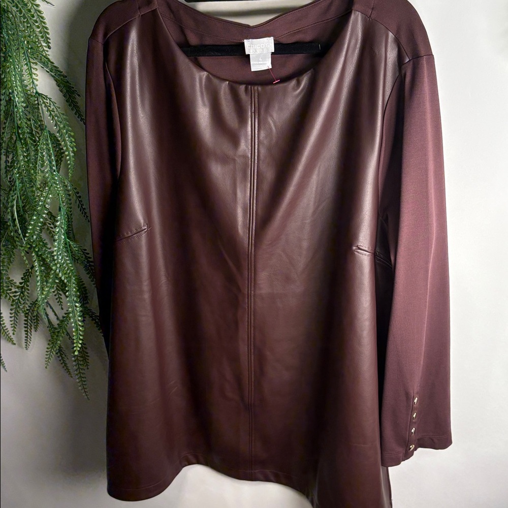Chico's Rich Brown faux leather &  Knit Top
